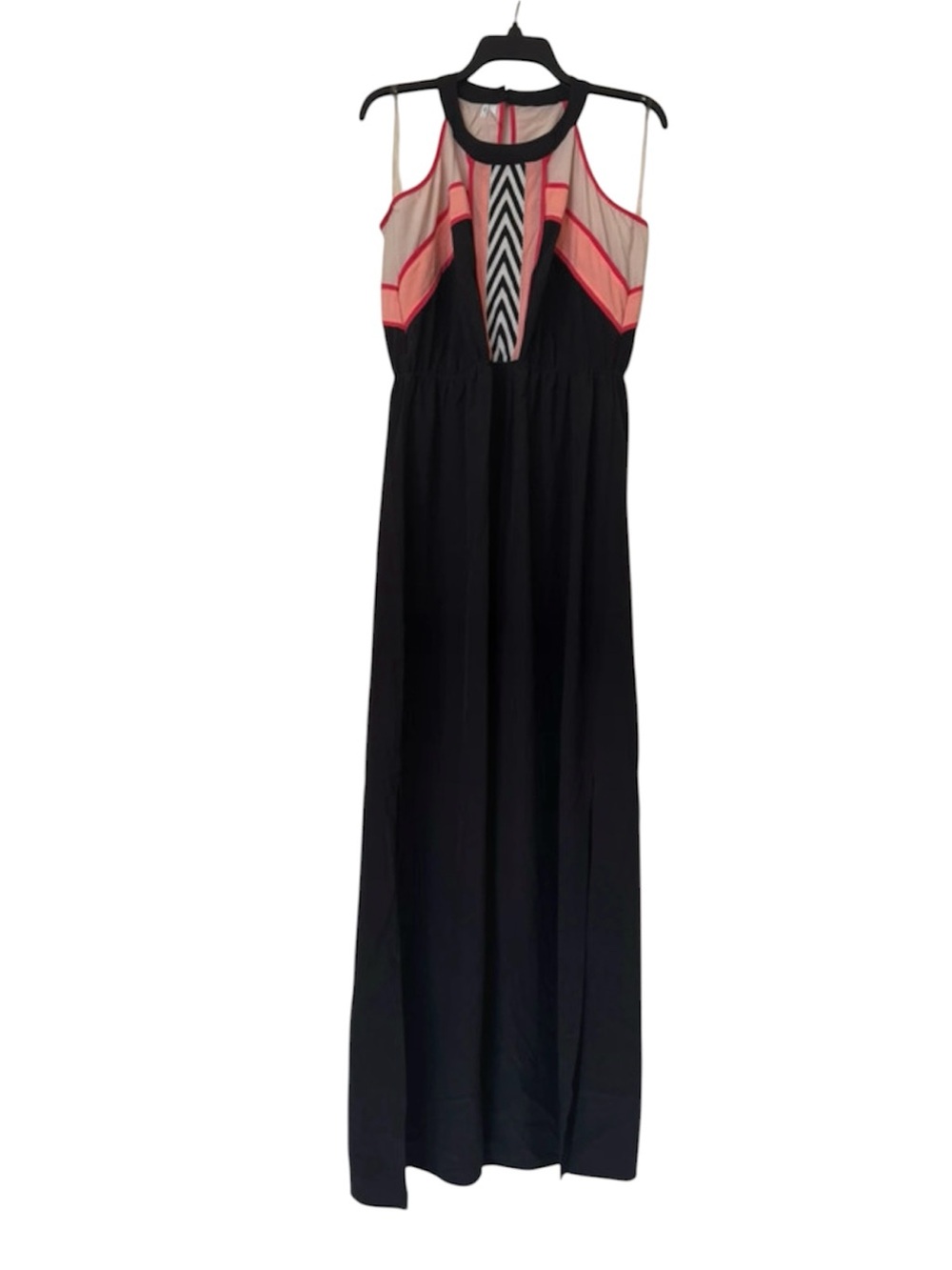 Studio Y Chevron Halter Neck Maxi Dress Black Coral Colorblock NWT Size L